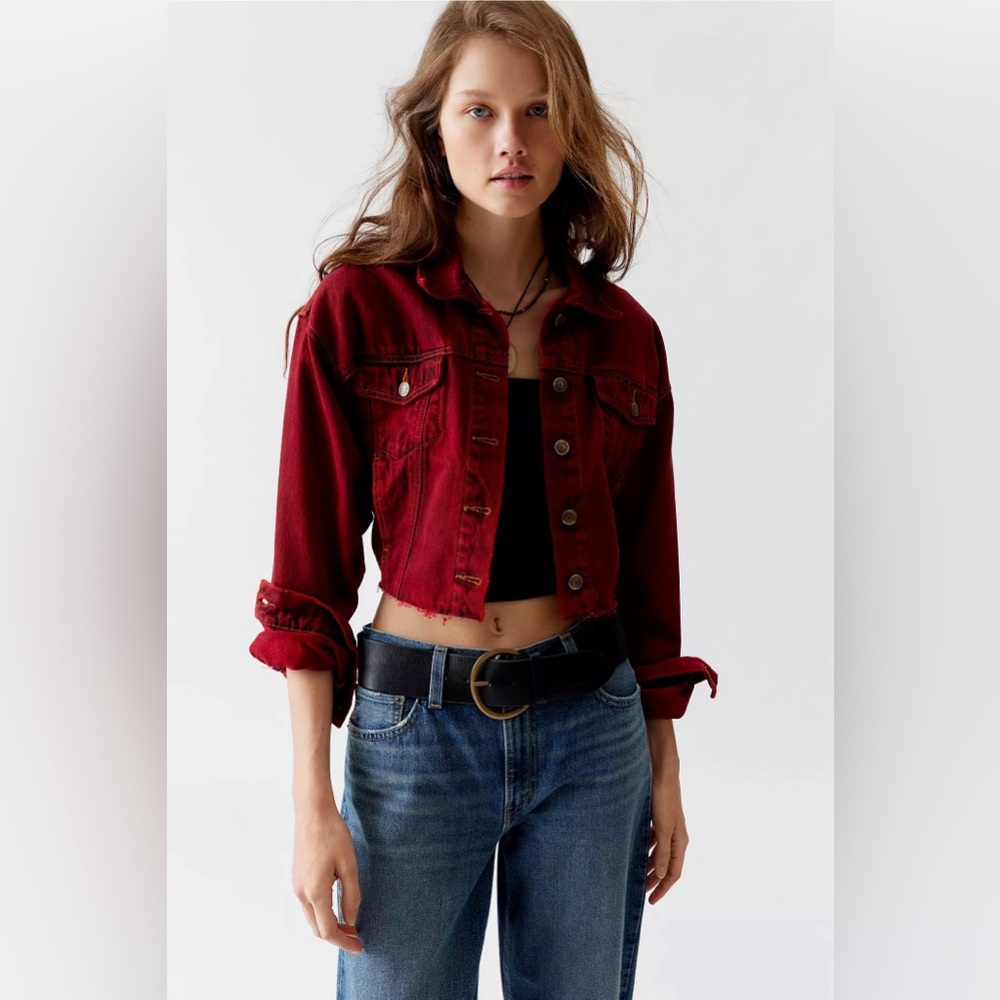 UO red cropped denim jacket